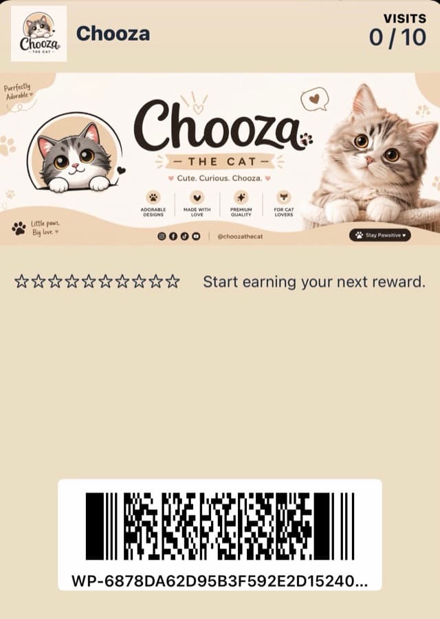 Chooza loyalty stamp card in Apple Wallet: 0 of 10 visits, star stamps, scannable barcode