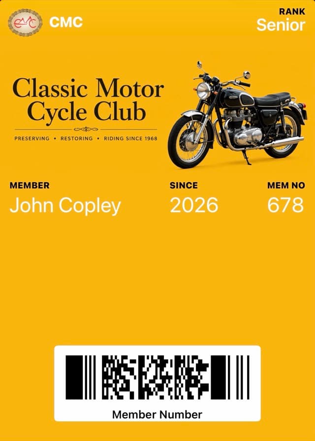 Classic Motor Cycle Club membership card in Apple Wallet: rank Senior, member name and number
