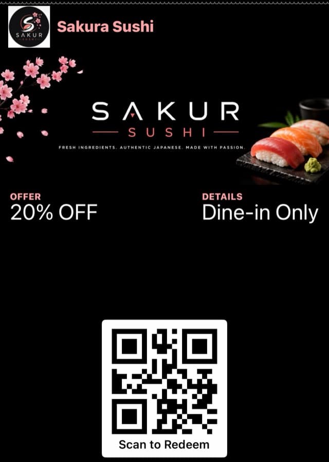Sakura Sushi coupon pass in Apple Wallet: 20% off dine-in only, scan-to-redeem QR code